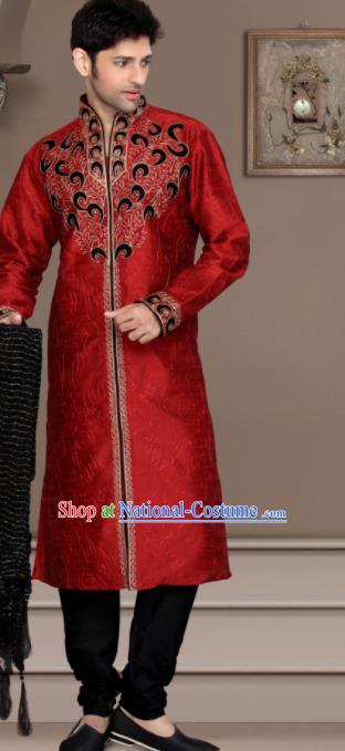 Asian Indian Wedding Sherwani Bridegroom Red Clothing India Traditional Embroidered Costumes Complete Set for Men