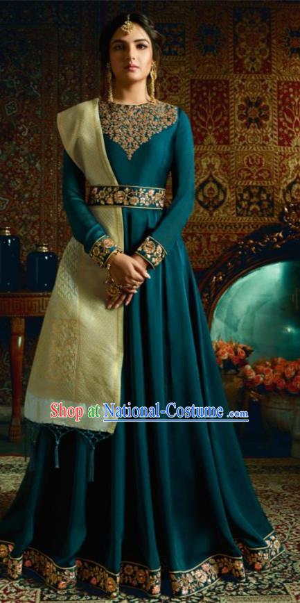 Indian Traditional Festival Peacock Blue Satin Anarkali Dress Asian India National Court Bollywood Costumes for Women