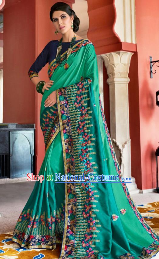 Traditional Indian Court Queen Embroidered Green Silk Sari Dress Asian India National Bollywood Costumes for Women