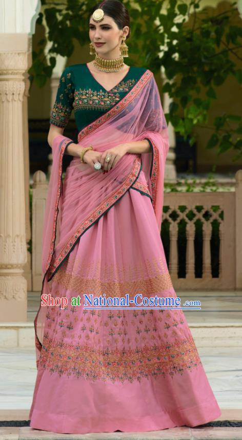 Traditional Indian Court Queen Embroidered Pink Georgette Sari Dress Asian India National Bollywood Costumes for Women