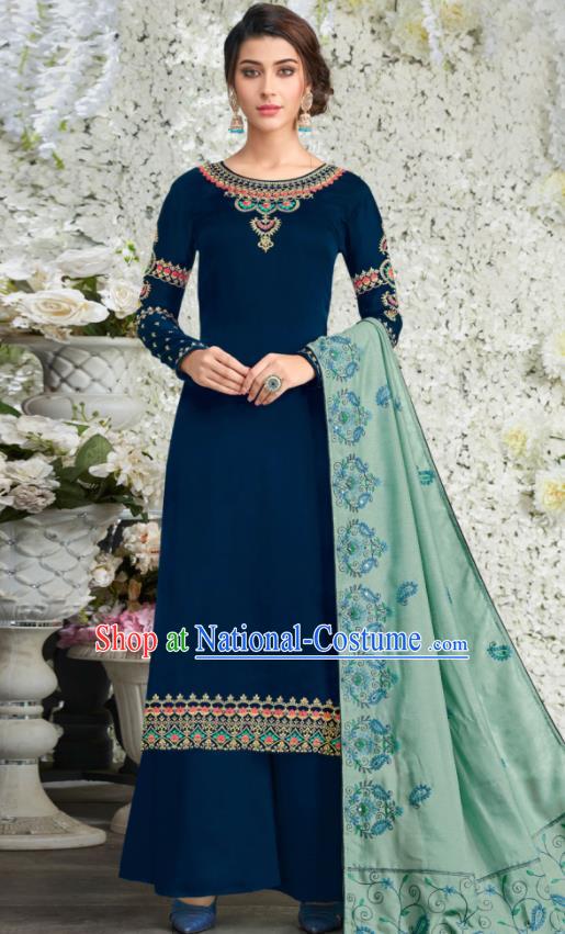 Traditional Indian Lehenga Embroidered Deep Blue Blouse and Pants Asian India Punjab National Costumes for Women