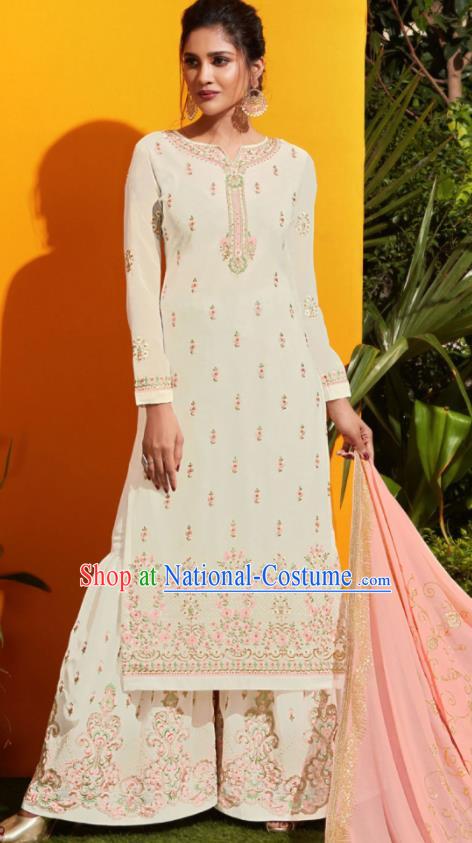 Traditional Indian Lehenga Embroidered White Georgette Blouse and Pants Asian India Punjab National Costumes for Women