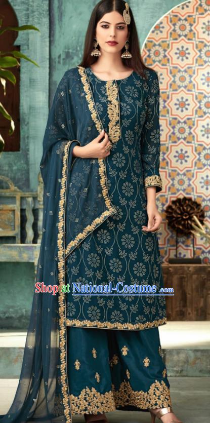 Traditional Indian Punjab Lehenga Embroidered Deep Blue Georgette Blouse and Pants Asian India National Costumes for Women