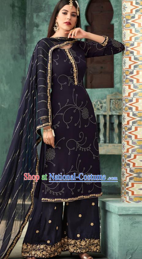 Traditional Indian Punjab Lehenga Embroidered Navy Georgette Blouse and Pants Asian India National Costumes for Women