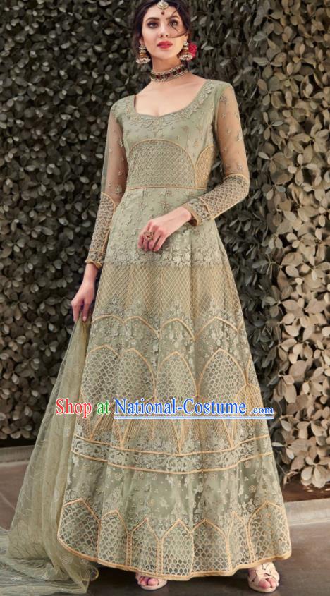 Traditional Indian Embroidered Light Green Anarkali Dress Asian India National Costumes for Women