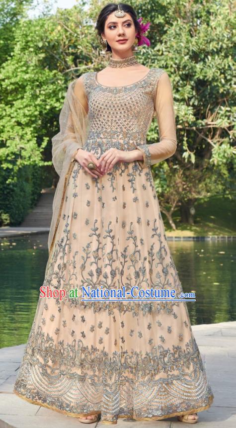 Traditional Indian Embroidered Apricot Anarkali Dress Asian India National Costumes for Women