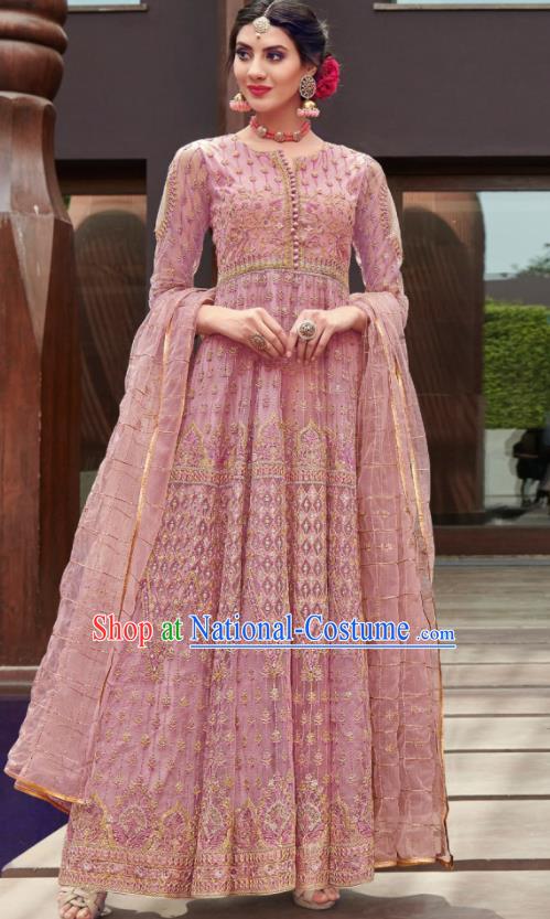 Traditional Indian Embroidered Pink Anarkali Dress Asian India National Costumes for Women