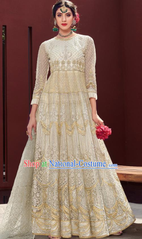 Traditional Indian Embroidered Beige Anarkali Dress Asian India National Costumes for Women