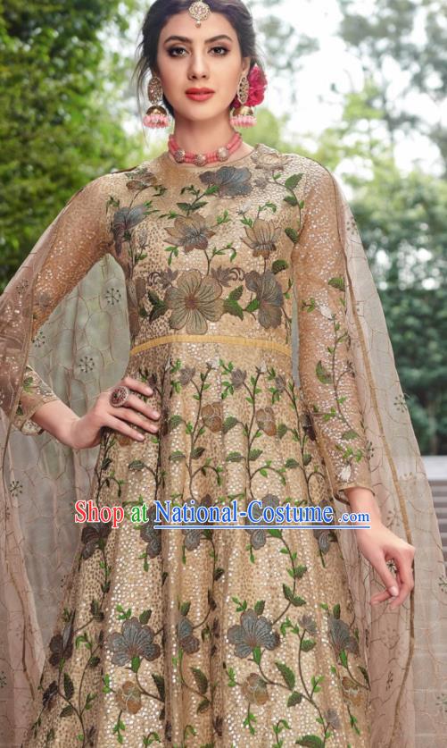 Traditional Indian Embroidered Golden Anarkali Dress Asian India National Costumes for Women