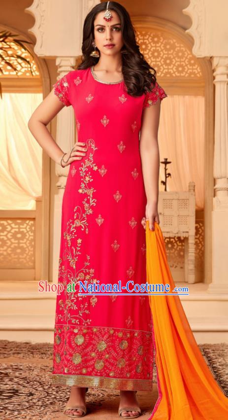 Traditional Indian Punjab Rosy Georgette Blouse and Pants Asian India National Costumes for Women