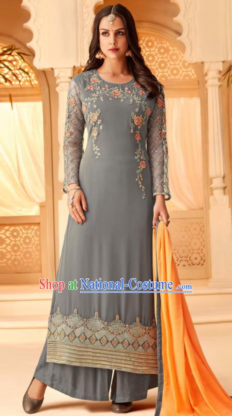 Traditional Indian Punjab Grey Georgette Blouse and Pants Asian India National Costumes for Women