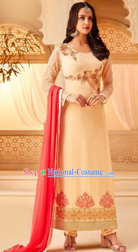 Traditional Indian Punjab Beige Georgette Blouse and Pants Asian India National Costumes for Women