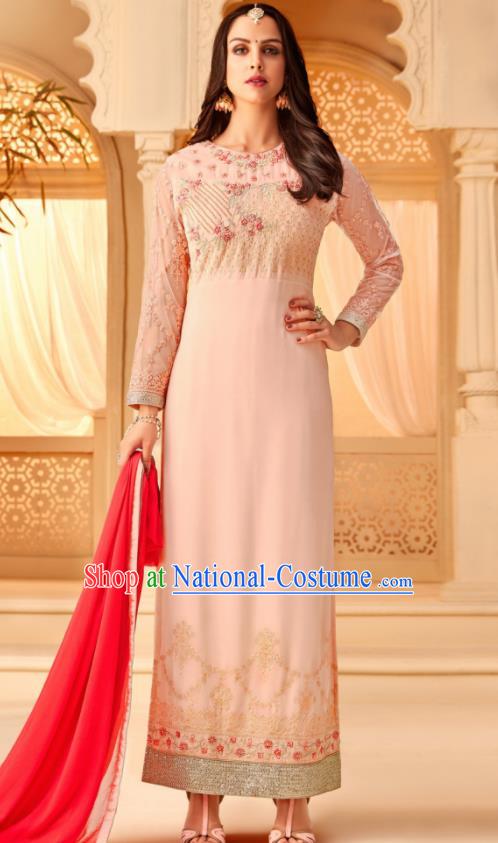 Traditional Indian Punjab Pink Georgette Blouse and Pants Asian India National Costumes for Women