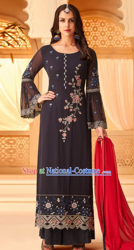 Traditional Indian Punjab Black Georgette Blouse and Pants Asian India National Costumes for Women