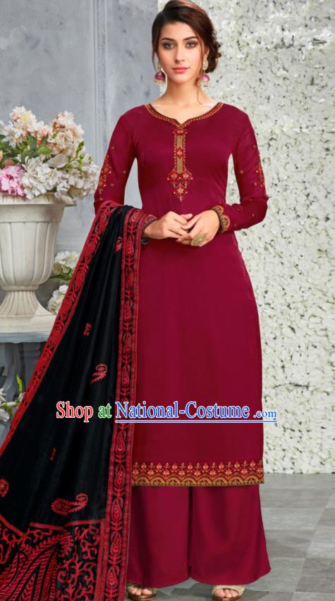 Traditional Indian Lehenga Embroidered Wine Red Blouse and Pants Asian India Punjab National Costumes for Women