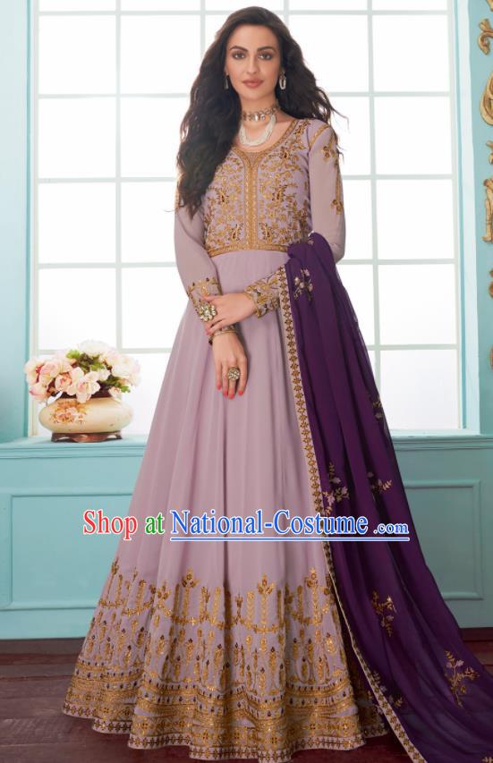 Traditional Indian Bollywood Embroidered Lilac Anarkali Dress Asian India National Costumes for Women