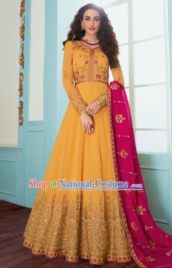 Traditional Indian Bollywood Embroidered Yellow Anarkali Dress Asian India National Costumes for Women