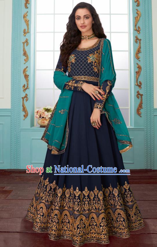 Traditional Indian Bollywood Embroidered Navy Anarkali Dress Asian India National Costumes for Women