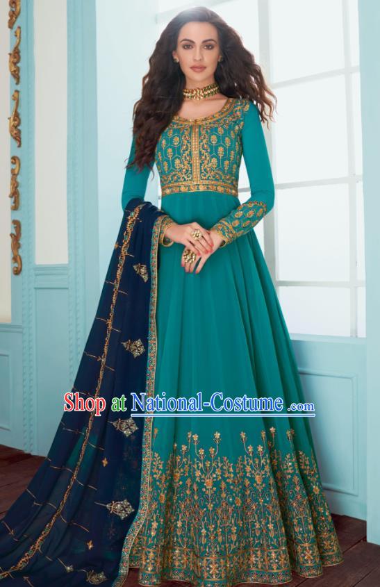 Traditional Indian Bollywood Embroidered Blue Anarkali Dress Asian India National Costumes for Women