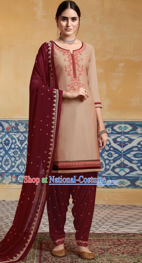 Traditional Indian Punjab Apricot Satin Blouse and Wine Red Pants Asian India National Costumes for Women