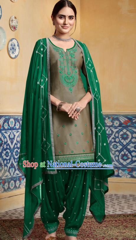 Traditional Indian Punjab Grey Satin Blouse and Green Pants Asian India National Costumes for Women