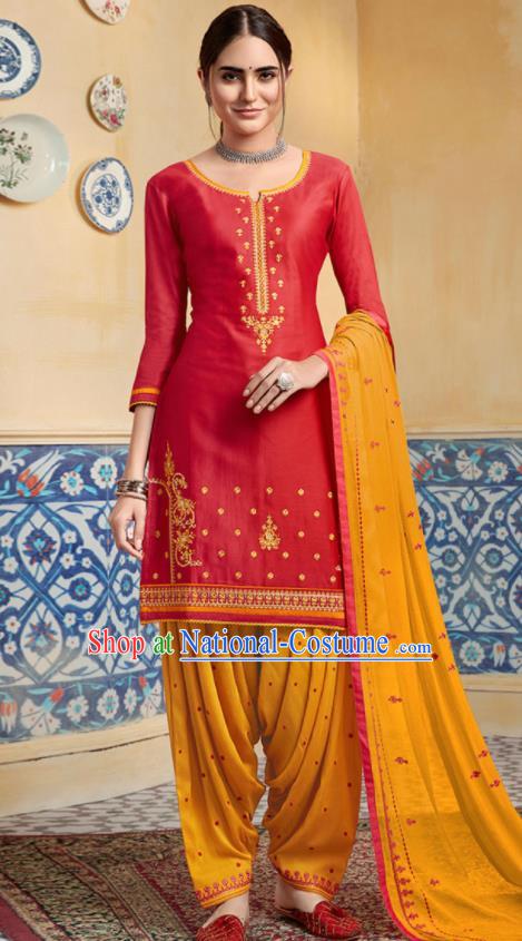 Traditional Indian Punjab Red Satin Blouse and Yellow Pants Asian India National Costumes for Women