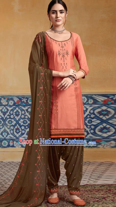 Traditional Indian Punjab Pink Satin Blouse and Khaki Pants Asian India National Costumes for Women