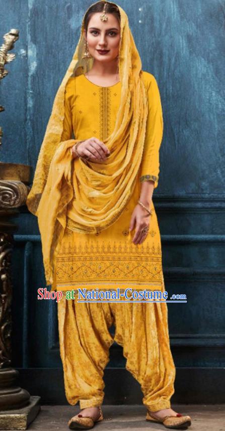 Traditional Indian Punjab Yellow Satin Blouse and Pants Asian India National Costumes for Women