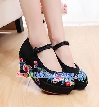 Chinese Wedding Black High Heels Shoes Traditional Hanfu Shoes Opera Shoes Embroidered Shoes for Women