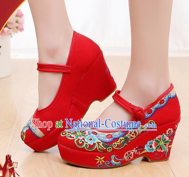 Chinese National Red High Heels Shoes Traditional Hanfu Shoes Opera Shoes Embroidered Shoes for Women