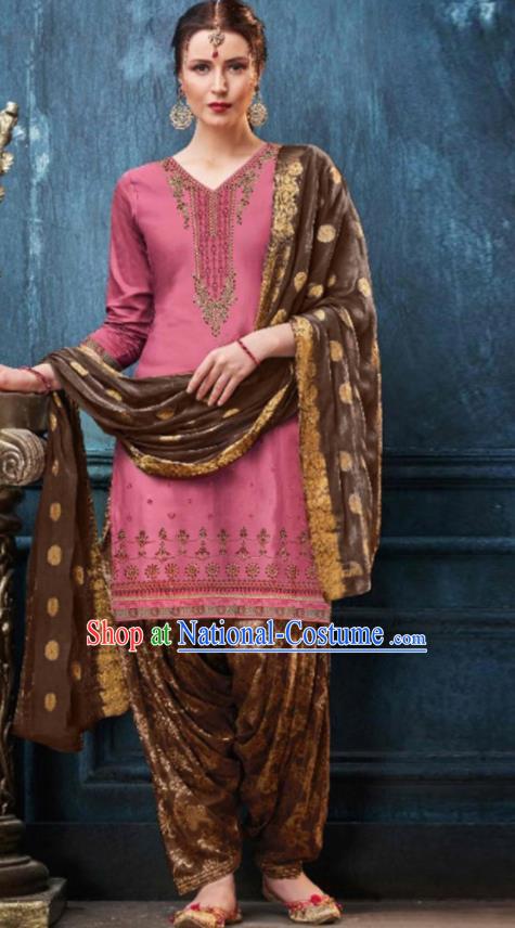 Traditional Indian Punjab Pink Satin Blouse and Brown Pants Asian India National Costumes for Women