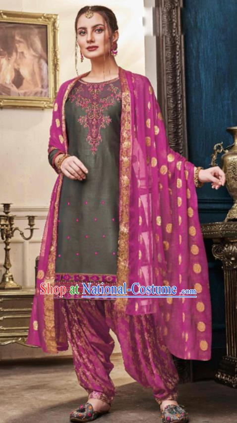 Traditional Indian Punjab Grey Satin Blouse and Purple Pants Asian India National Costumes for Women