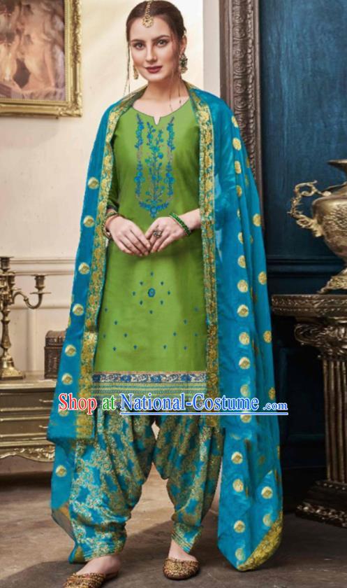 Traditional Indian Punjab Green Satin Blouse and Blue Pants Asian India National Costumes for Women