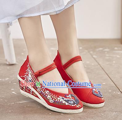 Chinese National Embroidered Phoenix Red High Heels Shoes Traditional Hanfu Shoes Opera Shoes Wedding Bride Shoes for Women