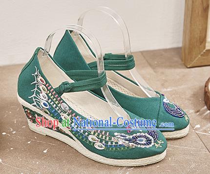 Chinese National Embroidered Phoenix Green High Heels Shoes Traditional Hanfu Shoes Opera Shoes Wedding Bride Shoes for Women