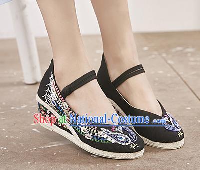 Chinese National Embroidered Phoenix Black High Heels Shoes Traditional Hanfu Shoes Opera Shoes Wedding Bride Shoes for Women