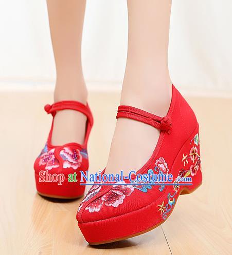 Chinese National Embroidered Red High Heels Shoes Traditional Hanfu Shoes Opera Shoes Wedding Bride Shoes for Women