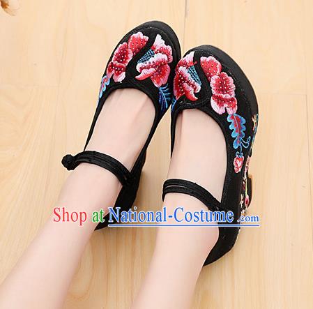 Chinese National Embroidered Black High Heels Shoes Traditional Hanfu Shoes Opera Shoes Wedding Bride Shoes for Women