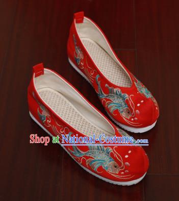 Chinese National Embroidered Carps Red Shoes Traditional Hanfu Shoes Opera Shoes Wedding Bride Shoes for Women