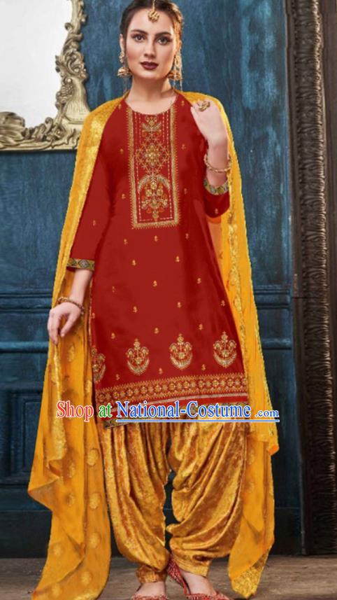 Traditional Indian Punjab Red Satin Blouse and Golden Pants Asian India National Costumes for Women