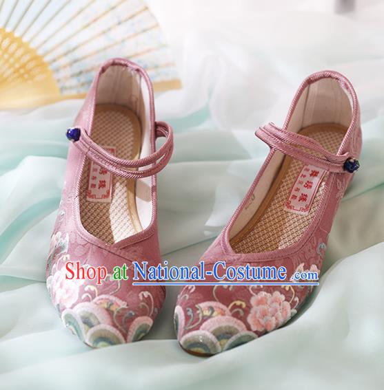 Chinese National Embroidered Peony Deep Pink Shoes Traditional Hanfu Shoes Opera Shoes Wedding Bride Shoes for Women