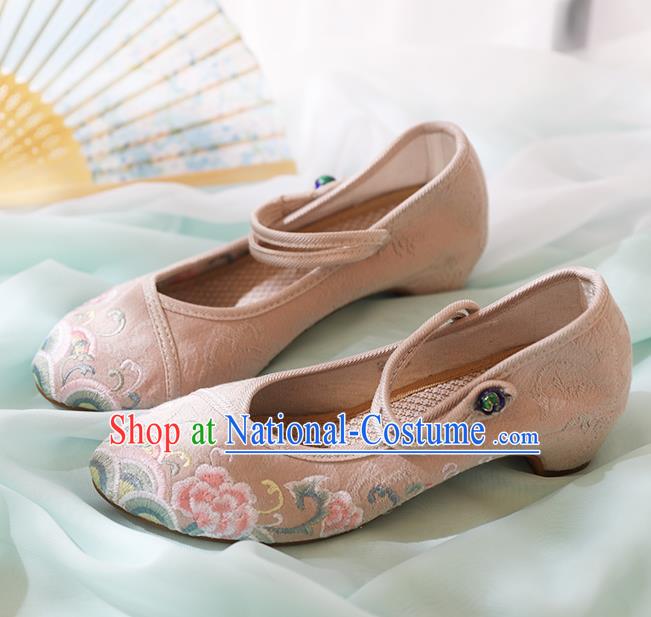 Chinese National Embroidered Peony Beige Shoes Traditional Hanfu Shoes Opera Shoes Wedding Bride Shoes for Women