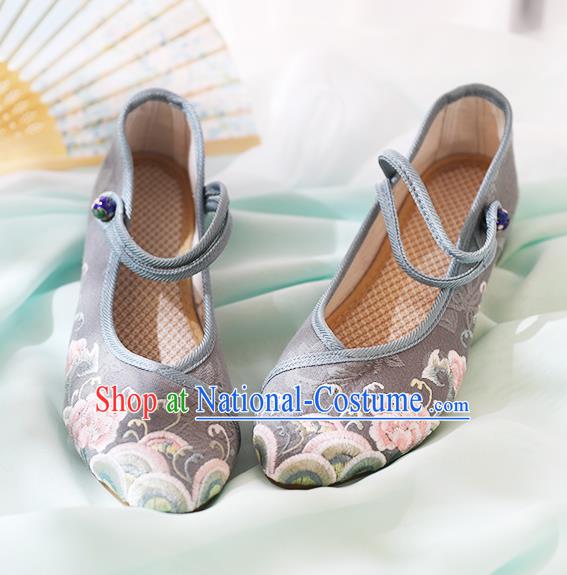 Chinese National Embroidered Peony Grey Shoes Traditional Hanfu Shoes Opera Shoes Wedding Bride Shoes for Women