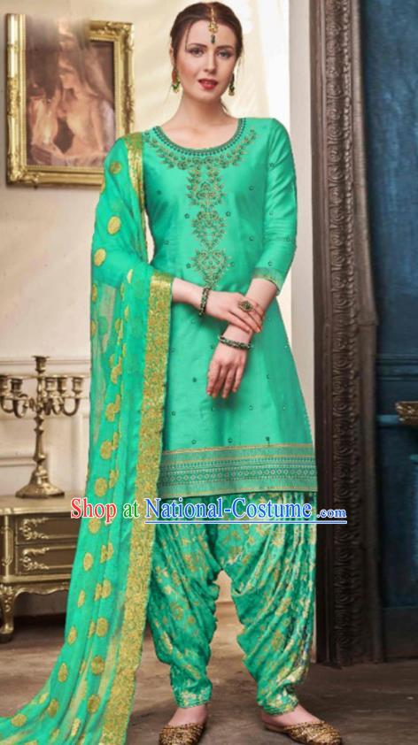 Traditional Indian Punjab Green Satin Blouse and Pants Asian India National Costumes for Women