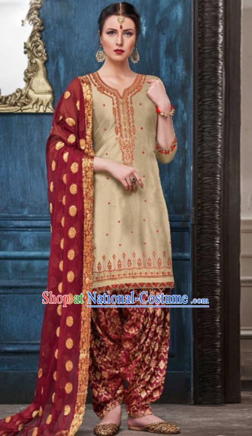 Traditional Indian Punjab Apricot Satin Blouse and Wine Red Pants Asian India National Costumes for Women