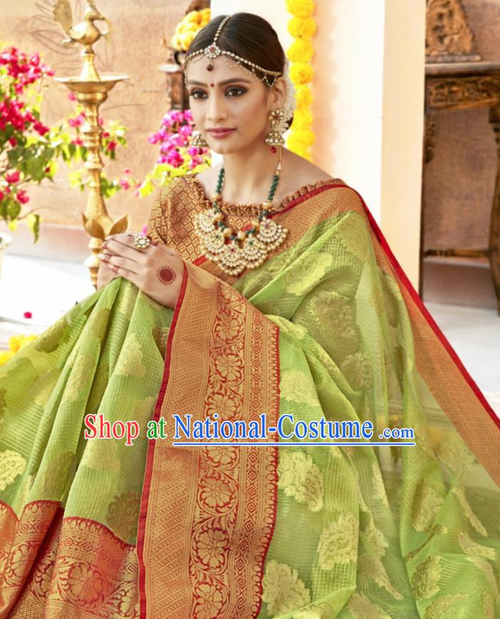 Traditional Indian Green Sari Dress Asian India National Bollywood Costumes for Women