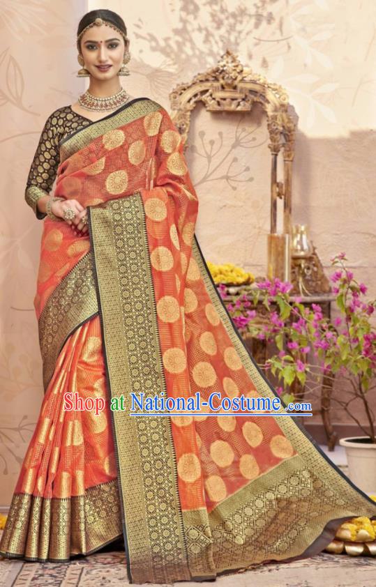 Traditional Indian Orange Sari Dress Asian India National Bollywood Costumes for Women