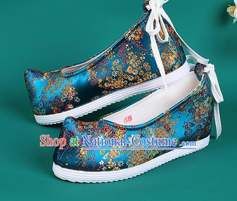 Chinese National Blue Brocade Shoes Traditional Hanfu Shoes Princess Shoes Opera Shoes for Women