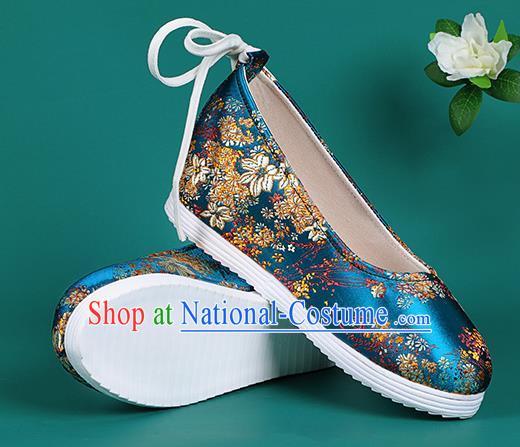 Chinese National Blue Brocade Round Toe Shoes Traditional Hanfu Shoes Princess Shoes Opera Shoes for Women