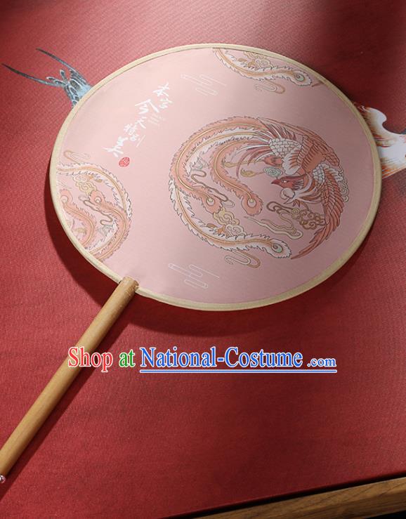 Chinese Traditional Printing Phoenix Pink Round Fans Hanfu Silk Palace Fan for Women